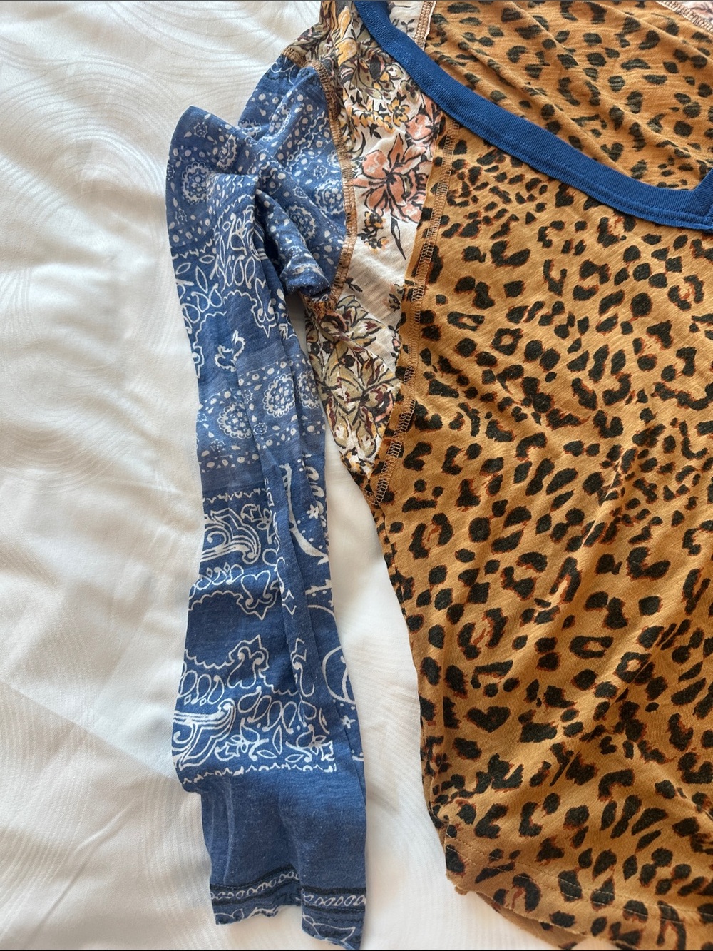 Leopard Print Long Sleeve Raglan Tee with Blue Bandana Sleeves - Picture 3 of 7
